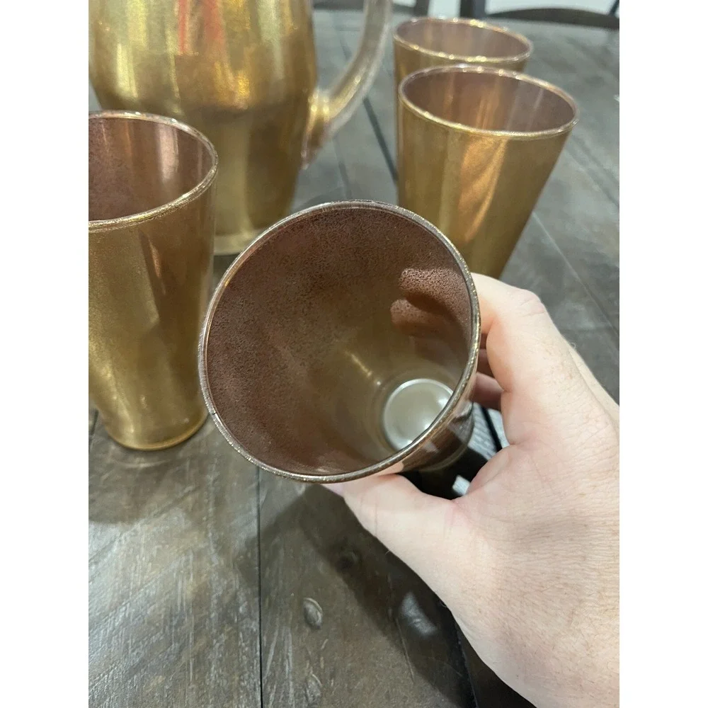 Vintage Gold Flecked/Splatter Pitcher w/‎ 6 Glasses West Virginia Glass Co MCM